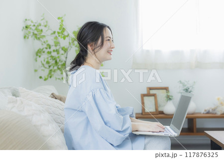 リビングでパソコンを使う女性 リビングでパソコンを使う女性 117876325