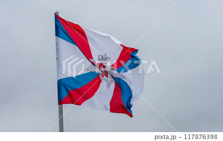 The flag of the Ministry of Defense of the Russian Federation is flying in the wind against a cloudy sky. 117876398