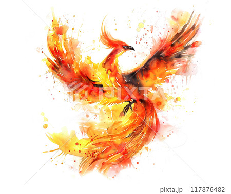 Watercolor painting of a phoenix is flying burning isolated on white background. Bird. Animals. 117876482