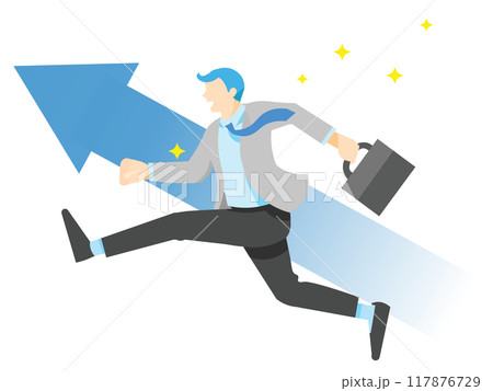 横顔の男性ー上に向かう矢印ー成功ージャンプする男性ービジネスマンー白バックイラストベクター素材 117876729