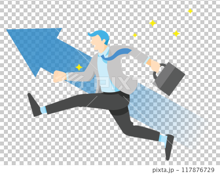 横顔の男性ー上に向かう矢印ー成功ージャンプする男性ービジネスマンー白バックイラストベクター素材 117876729