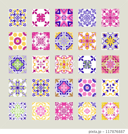 Pink and Blue Portuguese Azulejos Mosaic Tiles Isolated Vector Square Symmetrical Designs for Ceramic Floor Decor, Wallpapers, Logo Set 117876887