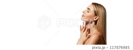 Side view portrait of beautiful young woman with clear face showing perfect cheekbone, nose and lips, isolated on white studio background 117876985