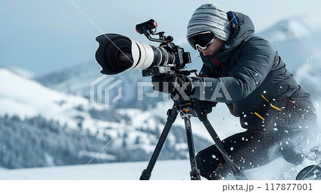 Professional photographer, videographer taking perfect shot on snowy mountain. Shooting alpine skiing with a super telephoto lens 117877001