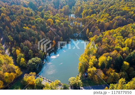 Aerial view of a serene lake surrounded by vibrant autumn foliage in a tranquil forest setting Aerial view of a serene lake surrounded by vibrant autumn foliage in a tranquil forest setting 117877050