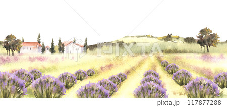 Lavender fields. Watercolor Provence rural Landscape with old houses, trees, cypresses, hills. Hand drawn Illustration. France, Italy nature motive for vacation booklet, card, poster. Original clipart 117877288