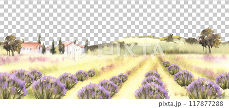 Lavender fields. Watercolor Provence rural Landscape with old houses, trees, cypresses, hills. Hand drawn Illustration. France, Italy nature motive for vacation booklet, card, poster. Original clipart Lavender fields. Watercolor Provence rural Landscape with old houses, trees, cypresses, hills. Hand drawn Illustration. France, Italy nature motive for vacation booklet, card, poster. Original clipart 117877288