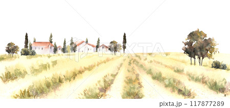 Landscape with field, villa, farmhouse, bushes, fruit trees, cypresses. Watercolor Italian, France summer, fall Hills, and valleys, natural rustic scene. Hand draw illustration on isolated background Landscape with field, villa, farmhouse, bushes, fruit trees, cypresses. Watercolor Italian, France summer, fall Hills, and valleys, natural rustic scene. Hand draw illustration on isolated background 117877289