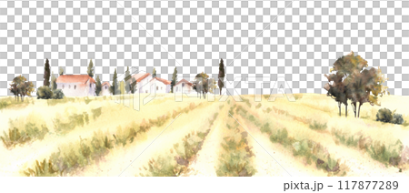 Landscape with field, villa, farmhouse, bushes, fruit trees, cypresses. Watercolor Italian, France summer, fall Hills, and valleys, natural rustic scene. Hand draw illustration on isolated background Landscape with field, villa, farmhouse, bushes, fruit trees, cypresses. Watercolor Italian, France summer, fall Hills, and valleys, natural rustic scene. Hand draw illustration on isolated background 117877289