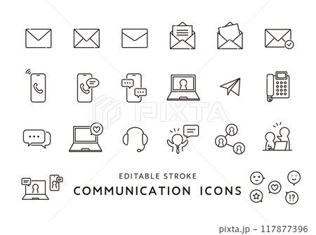 メールや電話、会話などのアイコンセット(モノクロ) メールや電話、会話などのアイコンセット(モノクロ) 117877396