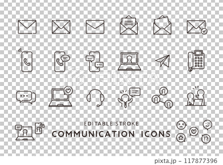電子郵件、電話、對話等的圖示集(單色) 電子郵件、電話、對話等的圖示集(單色) 117877396