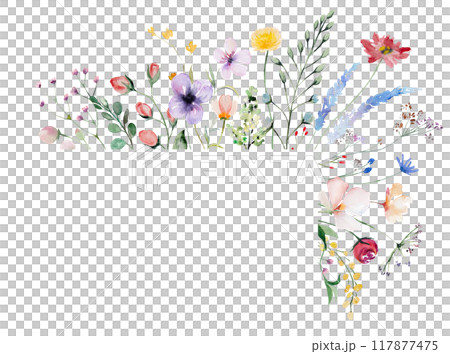 Frame made of watercolor wild flowers and leaves, wedding and greeting illustration Frame made of watercolor wild flowers and leaves, wedding and greeting illustration 117877475