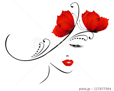 Abstract portrait of a girl with red butterflies. Abstract portrait of a girl with red butterflies. 117877564