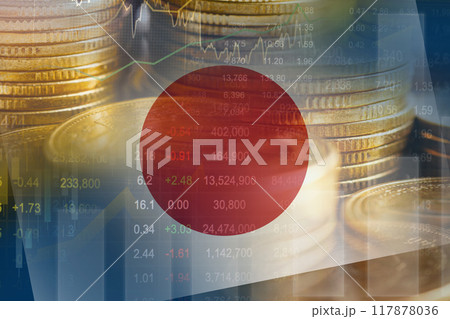 Japan flag with stock market finance, economy trend graph digital technology. Japan flag with stock market finance, economy trend graph digital technology. 117878036