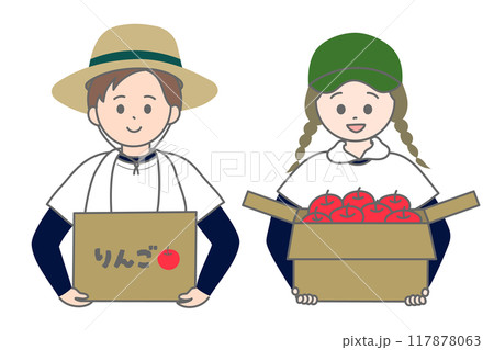 りんご農家の夫婦 段ボール 上半身 りんご農家の夫婦 段ボール 上半身 117878063