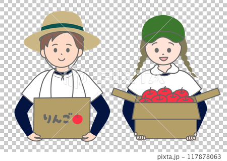 りんご農家の夫婦 段ボール 上半身 りんご農家の夫婦 段ボール 上半身 117878063