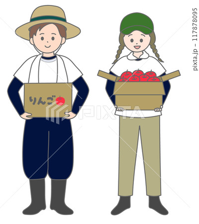 りんご農家の夫婦　段ボール　全身 117878095