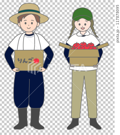 りんご農家の夫婦　段ボール　全身 117878095