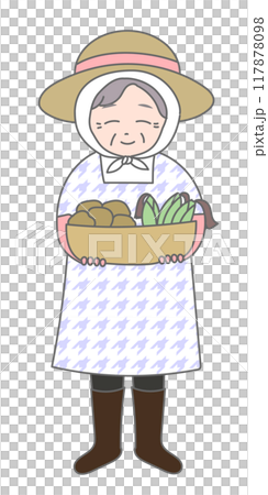Smiling old lady holding a basket of vegetables 117878098