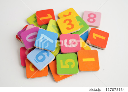 Number wood block cubes for learning Mathematic, education math concept. 117878184