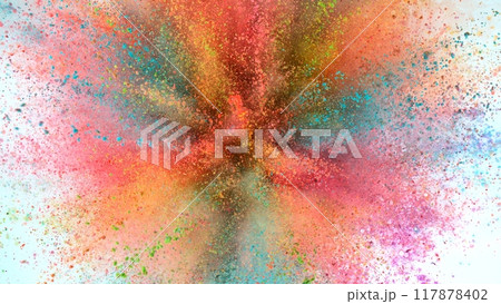 Colored powder explosion on white background . Freeze motion. 117878402