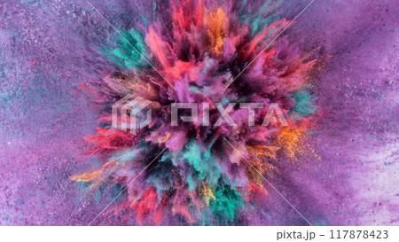 Colored powder explosion , top shot . Freeze motion. 117878423