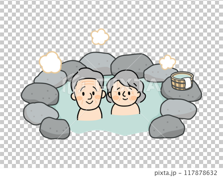 露天風呂に入る笑顔の老夫婦 117878632