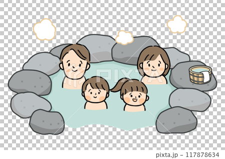 Smiling family of four taking a bath in an open-air bath Smiling family of four taking a bath in an open-air bath 117878634