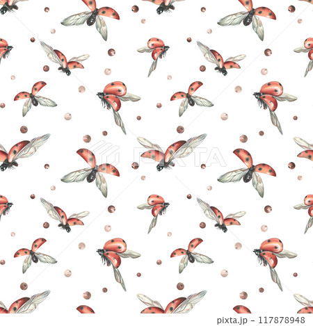 Red ladybugs with black dots flying with berries. watercolor illustration, hand drawn. Seamless pattern on a white background Red ladybugs with black dots flying with berries. watercolor illustration, hand drawn. Seamless pattern on a white background 117878948