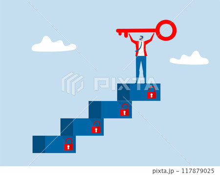 Unlock Key success ,businessman winner walk up to top of stairway lifting golden success key to the sky with secret key or achieve career target concept,vector Unlock Key success ,businessman winner walk up to top of stairway lifting golden success key to the sky with secret key or achieve career target concept,vector 117879025