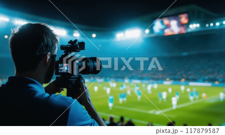 Man, professional videographer shooting high-intensity soccer match under stadium lights at night. Cheering crowd in background, videographer focused on game 117879587