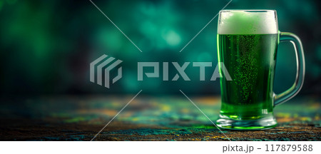 St. Patricks day green beer pint over dark background for pub party celebration 117879588