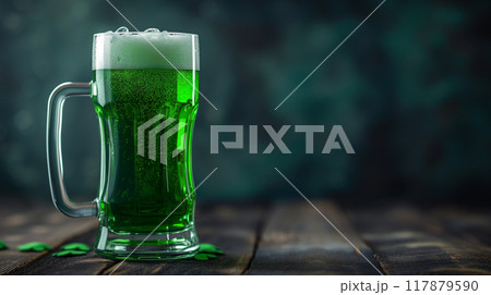 St. Patricks day green beer pint over dark background for pub party celebration 117879590