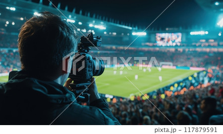 Man, videographer shooting high-intensity soccer match under stadium lights at night. Cheering crowd in background, videographer focused on game 117879591