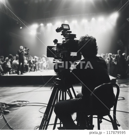 Cameraman capturing the energy of live event from sidelines, documenting every moment during tv show production. 117879595
