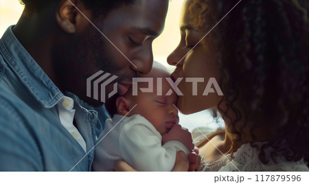 Happy couple kissing newborn baby, showing affection to infant child 117879596