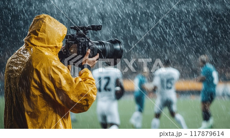 Dedicated sports photographer, man in yellow raincoat, with professional camera taking photos of soccer match on stadium during rainy weather. Dedicated sports photographer, man in yellow raincoat, with professional camera taking photos of soccer match on stadium during rainy weather. 117879614