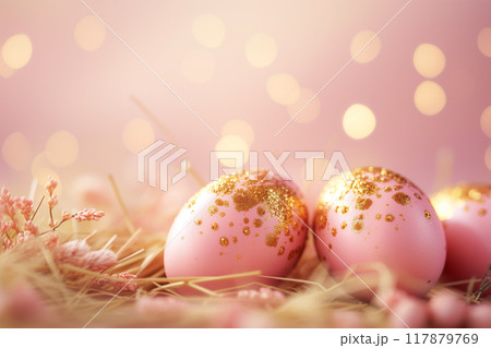 Easter eggs with pastel pink and gold design on glowing background 117879769