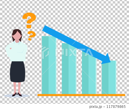 一位女商人對銷售額下降表示懷疑。銷售低迷。收入減少。向量圖 117879865