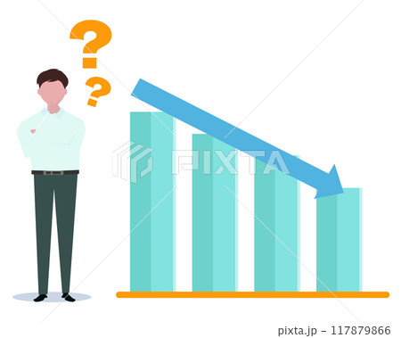 売上低下に疑問を持つビジネスマン。売上の低迷。所得の減少。ベクターイラスト 117879866