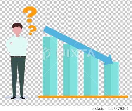 売上低下に疑問を持つビジネスマン。売上の低迷。所得の減少。ベクターイラスト 117879866