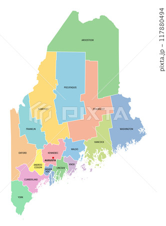 Maine, U.S. state, subdivided into 16 counties, multi colored political map with capital Augusta, borders and county names. State in the New England region of the USA. Pine Tree State. Vacationland. 117880494