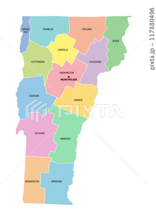 Vermont, U.S. state, subdivided into 14 counties, multi colored political map with capital Montpelier, borders and county names. State in the New England region of United States. Green Mountain State. Vermont, U.S. state, subdivided into 14 counties, multi colored political map with capital Montpelier, borders and county names. State in the New England region of United States. Green Mountain State. 117880496