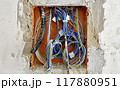 Close-Up of Exposed Electrical Wiring in Renovation Wall 117880951