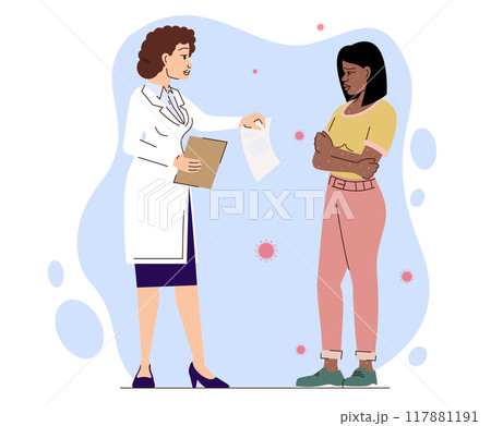 Afro woman monkeypox virus contact doctor vector illustration. New orthopox virus outbreak pandemic Afro woman monkeypox virus contact doctor vector illustration. New orthopox virus outbreak pandemic 117881191