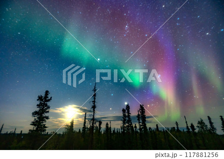 オーロラの見える景色、月明かりと星空とオーロラ 117881256