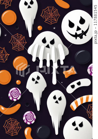 Spooky halloween treats and candy for october holiday, kids autumn party. 117881545