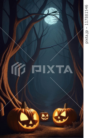 Halloween background, glowing gold Halloween jack-o'-lantern  in a mystical forest, a moody and mysterious ambiance. 117881546