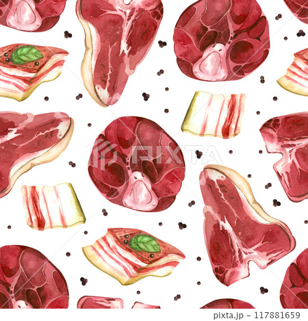 Meat on the bone, steak, lard, beef, peppercorns, all objects are hand-drawn with watercolor. Watercolor pattern. Suitable for printing on fabric, paper, for packaging goods and food products. 117881659