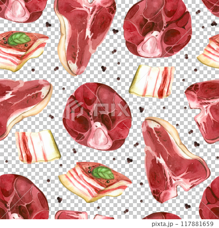 Meat on the bone, steak, lard, beef, peppercorns, all objects are hand-drawn with watercolor. Watercolor pattern. Suitable for printing on fabric, paper, for packaging goods and food products. 117881659